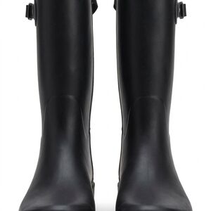 Women's Black Knee-High Rain Boots with Side Buckle